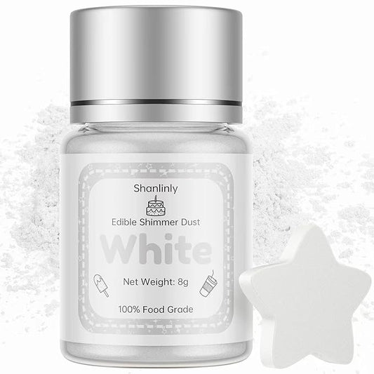 Shanlinly White Edible Luster Dust - 8 Grams Food Grade Cake Dust Shimmer Powdered, Edible Metallic Powder Food Coloring for Cake Decorating, Chocolates, Fondant, Drinks, Painting & More, Vegan