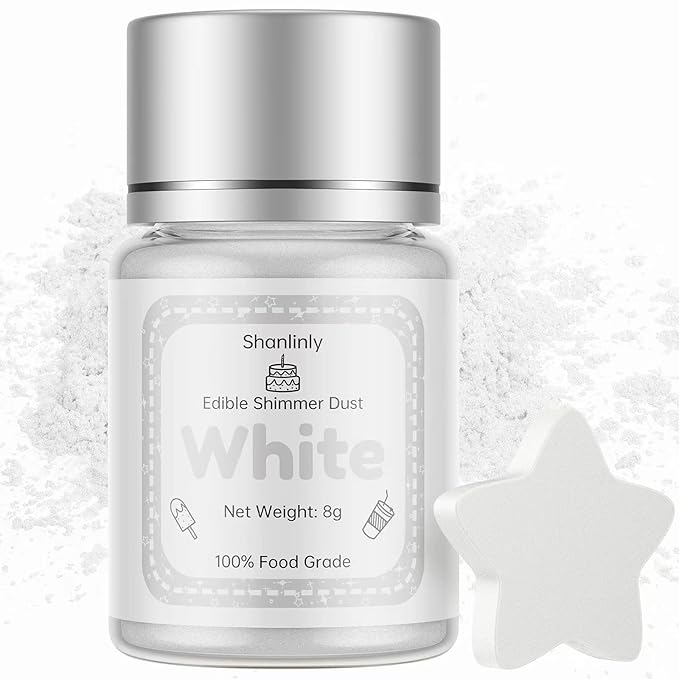 Shanlinly White Edible Luster Dust - 8 Grams Food Grade Cake Dust Shimmer Powdered, Edible Metallic Powder Food Coloring for Cake Decorating, Chocolates, Fondant, Drinks, Painting & More, Vegan