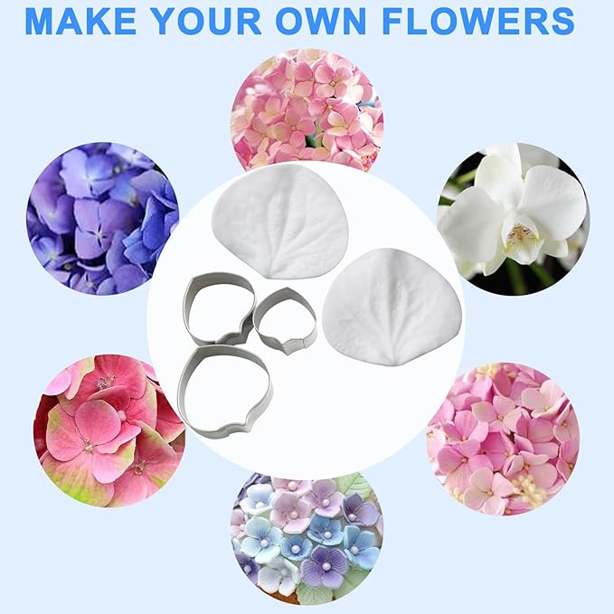 Hydrangea Fondant Mold & Cutter Set, 2 Pcs Silicone Molds with 3 Pcs Stainless Steel Cutters for Flower Veining and Cake Art