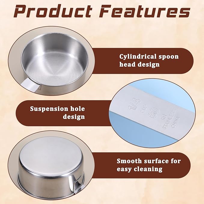 Stainless Steel Measuring Cup, 4 Pcs 1/4, 1/2 Cup, 60 ml/125 ml Metal Cup Scoop Kitchen Gadgets for Coffee Cooking Baking Dry Wet Liquid Ingredients, Dishwasher Safe