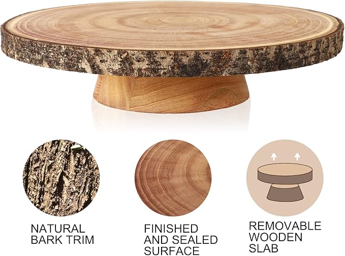 12” Wood Cake Stand with Wooden Slice Cake Topper and Cake Cutting Set, Suitable for Wedding Receptions or Any Special Events