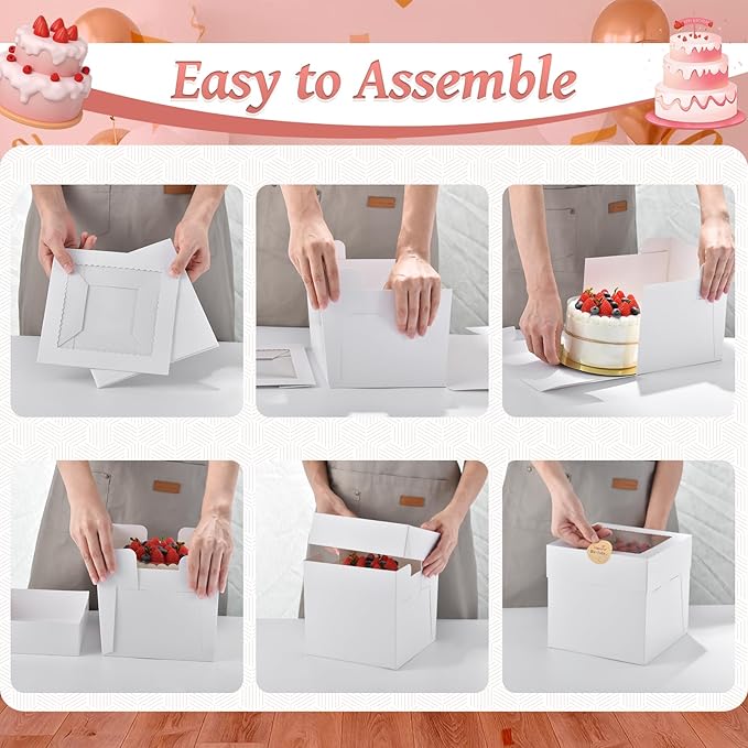 25Pcs 8x8x8 Inch Cake Boxes, White Bakery Boxes with Window, Square Disposable Cake Containers Package for Cookies Pies Bake Decorating Supplies Cupcakes Cajas Pasteles (15 Pcs Stickers)
