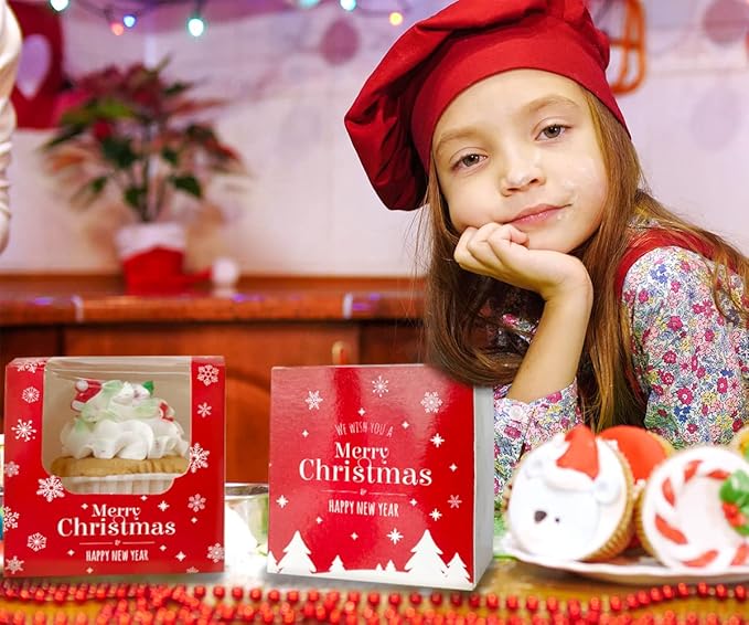 Happyhiram Christmas Cupcake Boxes 200 Pcs Bulk, Individual Cupcake Box Red and White with Nnsert and Window for New Year and Holiday for Ornament Gift Boxes Cocoa Bombs Packaging for Party Favors