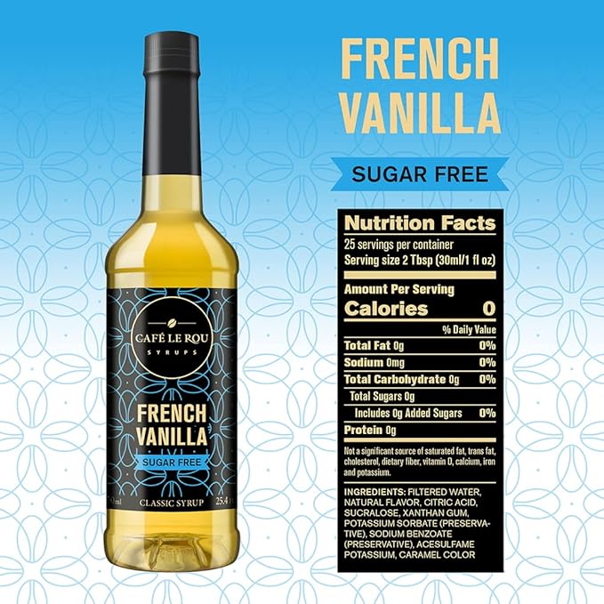 "NEW" Café Le Rou Coffee Syrup Sugar Free Variety 25.4oz Vanilla, French Vanilla, Caramel, Hazelnut -(4 Pack)*Includes 4 Coffee Syrup Dispensers*Flavoring Syrup for Coffee, Tea and Espresso