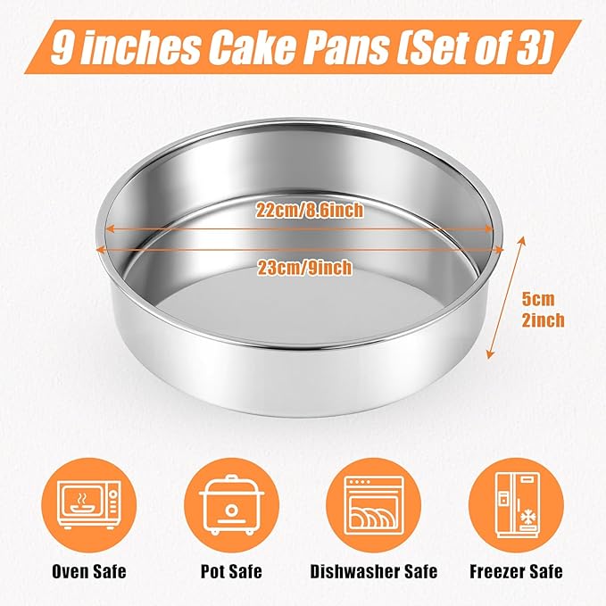 9 inch Stainless Steel Cake Pan, Mirror Finish Bakeware, Round Cake Pans Set of 3, Dishwasher Safe & Oven Safe