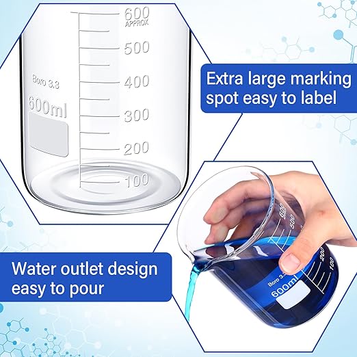 8 Pcs 600 ml Glass Lab Beaker 3.3 Borosilicate Glass Measuring Cup with Spout Low Form Glassware for Laboratories Classrooms or Home Use