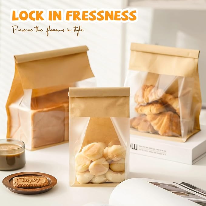 50 Pack Bread Bags with Tabs for Homemade Sourdough Bread, 8.7x4.3x11 Inches Tin Tie Tab Lock Large Paper Bakery Packaging Bags with Window for Gifting & Bake Sale
