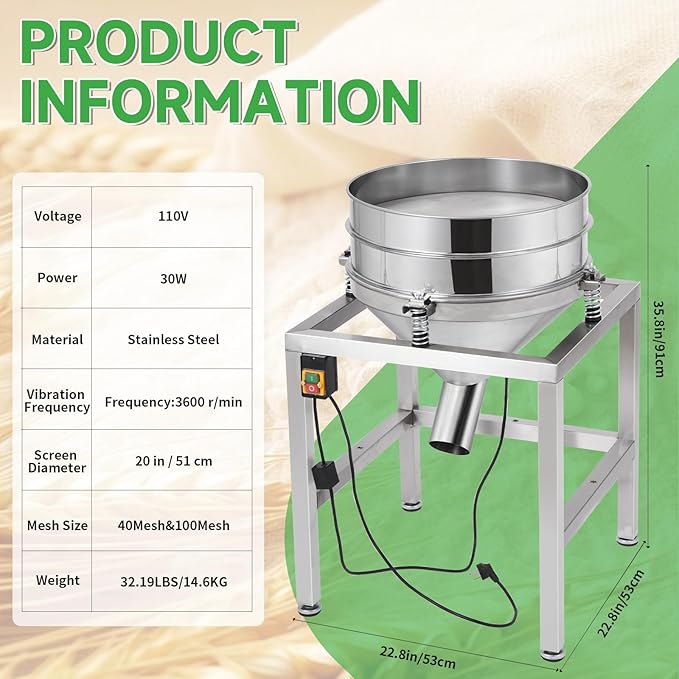 Automatic Powder Sifter Machine, 110V Electric Flour Sifter with 19.6" 40Mesh & 100Mesh Stainless Steel Screens, High-Speed Vibrating Sieve Shaker for Baking, Powder, Grain, and Food Processing