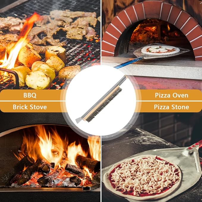 Pizza Oven Brush, 26" Brush and Stainless Steel Scraper for Pizza Stone, BBQ Grill Cleaning Brush Non Scratch Heat Proof Stainless Steel Bristles with Screwdriver for Pizza Oven Accessories