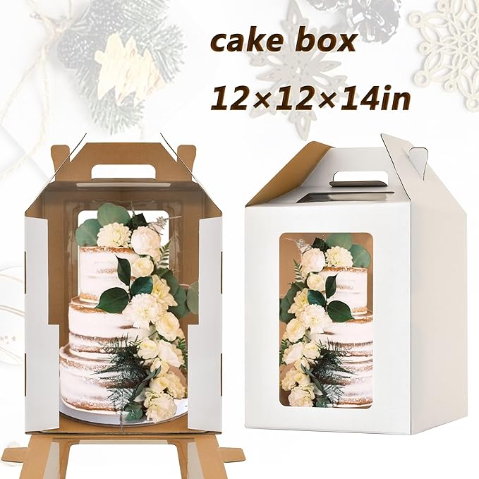12x12x14 Inch Tall Cake Boxes with windows,10in 12in Tall Cake Carrier, Large Tiered Cake Box,Durable White Bakery Box, Layer Cake Box, large cake box(2pack)
