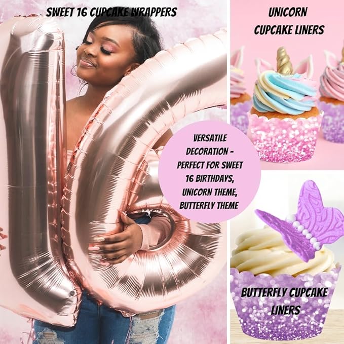 Andaz Press Party Cupcake Wrapper Decorations, Faux Pink And Lavender Purple Glitter, 24-Pack, Magical Unicorn Princess Girls Birthday Theme Colored Bulk Cake Supplies Purple Cupcake Wrappers