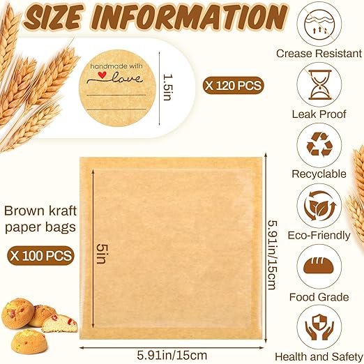 Outus 100 Pcs Cookie Packaging Bags with Seal, 5 x 5 Inch Bakery Pastry Bags with Window, Heat Sealable Grease Resistant Paper to Go Bake Sleeves for Gift Giving Donut Bread Sandwich (Brown)