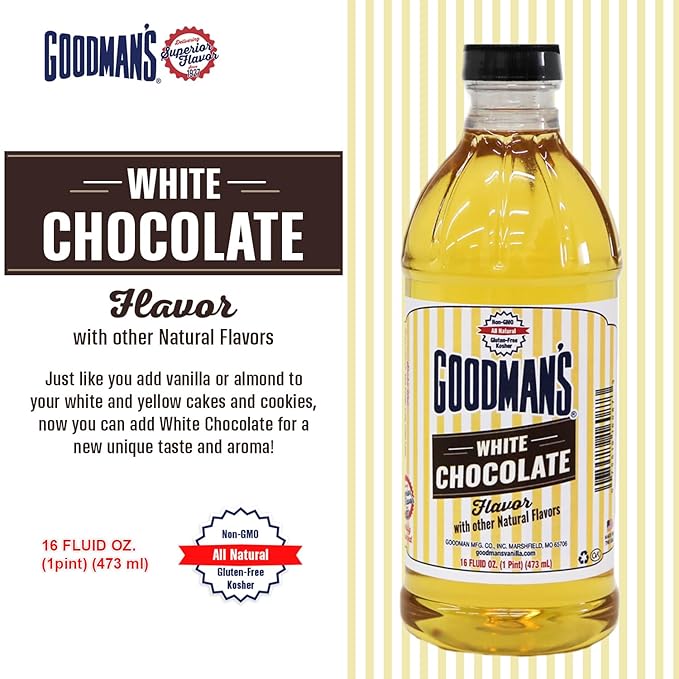 Goodman's White Chocolate Flavor - Gluten-Free, Non-GMO, Kosher - For Keto and Plant-Based Recipes - Ideal for Cakes, Cookies, Hot Chocolate, Cocktails, and More! Low Carb & Low Calorie (16oz Bottle)