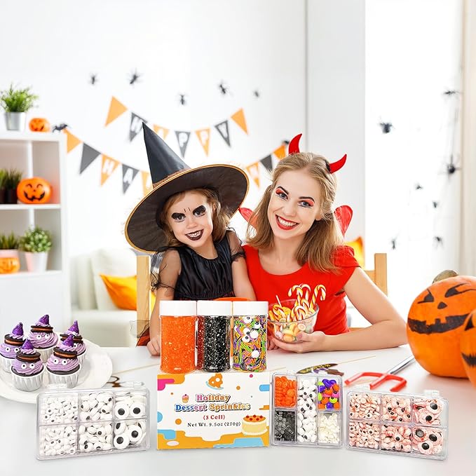 Cake Sprinkles Set for Halloween with Mix Bulk Sprinkles Orange Black Sugar Sanding and Candy Eyes for Baking Decorations, Cupcakes, Cookies - Spooky Party Supplies 3 Bottles (9.5oz)