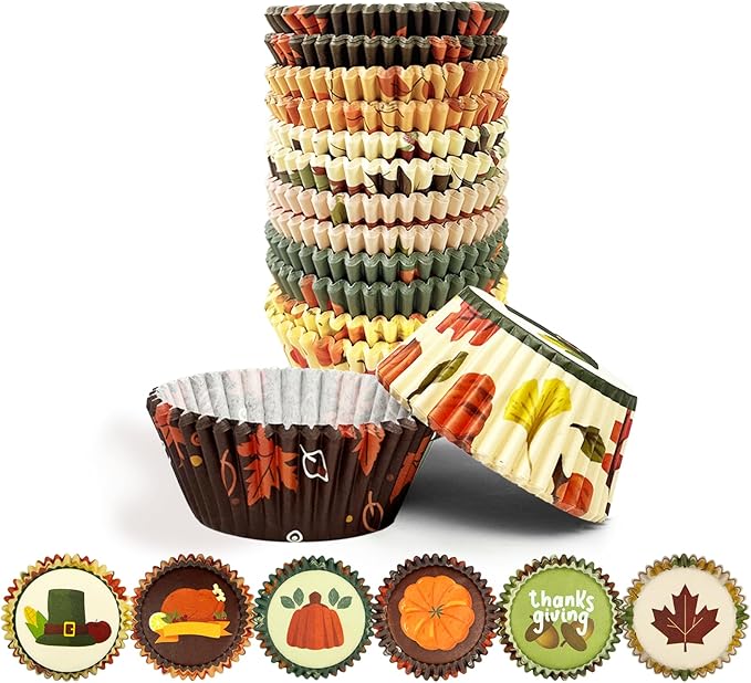 qiqee Thanksgiving Cupcake Liners Muffin Paper Baking Cups 300-Count 6 Original Design Fall Hat Pumpkin Maple Leaf No Smell, Food Grade (Small Size)