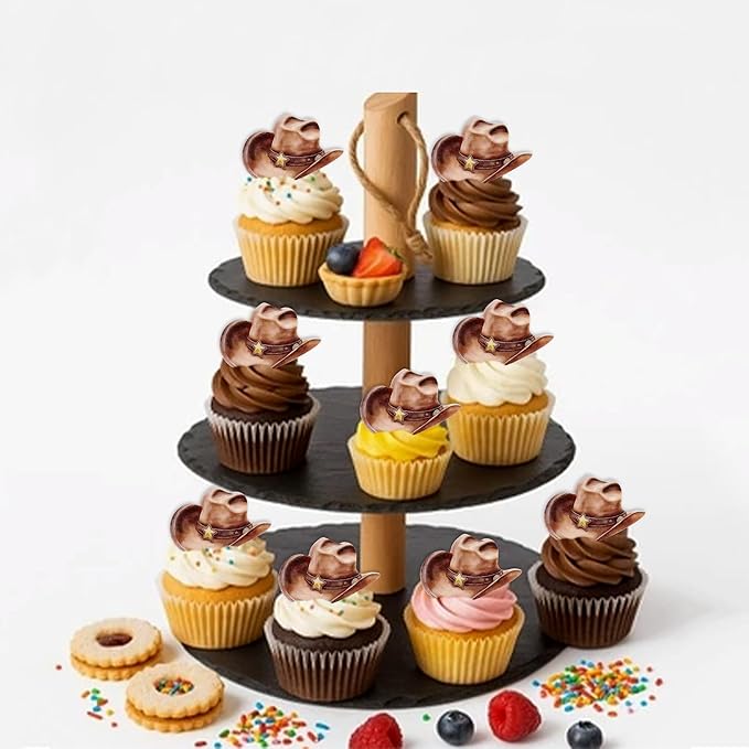 Cowboy Cupcake Toppers 40Pcs Edible Glitter Cowboy Hat Cake Decorations with Picks, Western Theme Party Supplies for Baby Shower & Kids Birthday Decor
