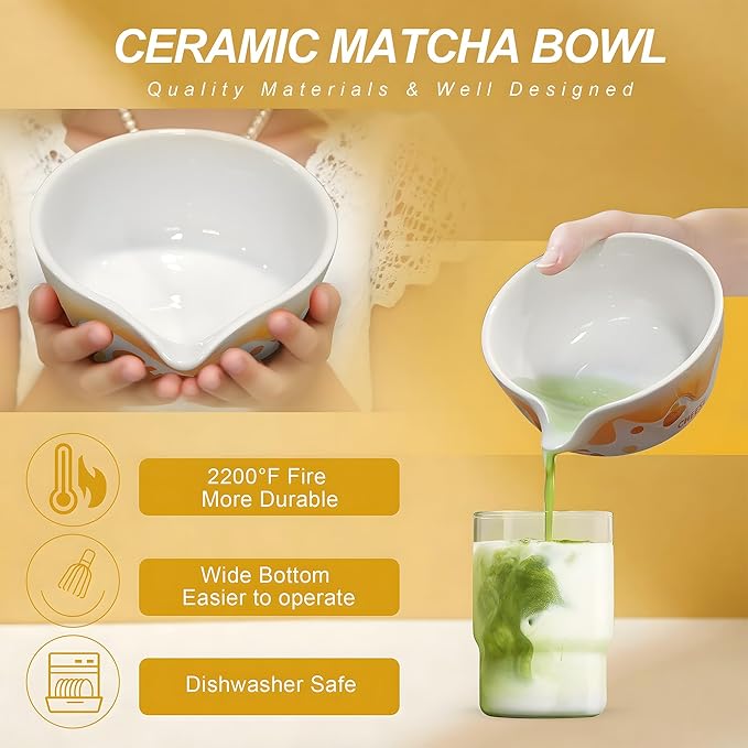 Matcha Whisk Set 7 Pcs Ceramic Matcha Set Includes Matcha Bowl, Matcha Whisk and Holder, Bamboo Scoop, Scoop Rest, Sifter and Tea Towel - Matcha Kit for Matcha Lovers