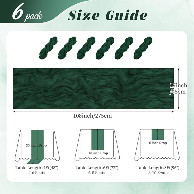 6 Pack Emerald Green Cheesecloth Table Runner 17x108 Inch Semi Sheer Boho Gauze Cheese Cloth Fabric Table Runners, for Wedding Party Baby Shower Birthday Home Decor Garden Farmhouse