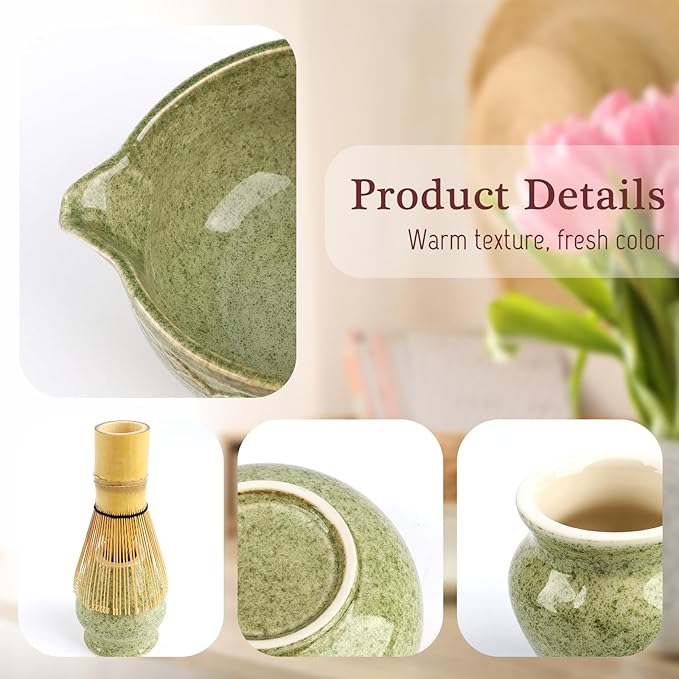 Japanese Matcha Whisk Set, 5-Piece Ceramic Bamboo Whisk Kit, Chawan Bowl 560ml/18.9oz | Complete Set for Traditional Matcha Making at Home, Ideal Gift for Tea Lovers (Green)