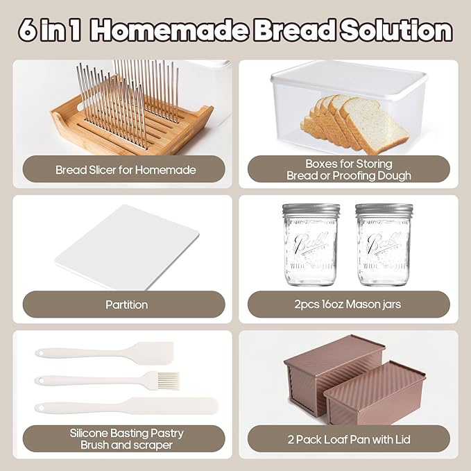 6 In 1 Homemade Bread Slicer With Bread Box For Homemade Bread，Adjustable 304 Stainless Steel Guide With Crumb Tray 2 Loaf Pan With Lid Mason Jars Basting Pastry Brush And Scraper Bread Loaf Slicer