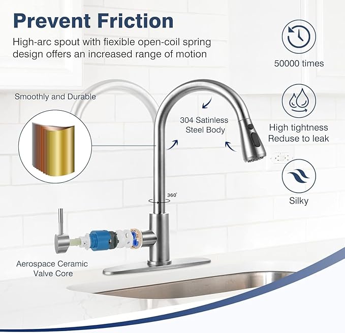 Stainless Steel 304 Kitchen Sink Faucet with Pull Down Spray Outdoor RV Kitchen Faucet Pull Out Extension Utility Farmhouse Faucets for Sink 1 Hole,Single Handle Rent Apartment Dorm