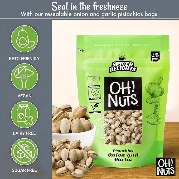 Oh! Nuts Spiced Pistachios – Garlic & Onion, 2 LB – Bold Savory Snack, Roasted Pistachios Seasoned to Perfection – Packed in Resealable Bag for Lasting Freshness