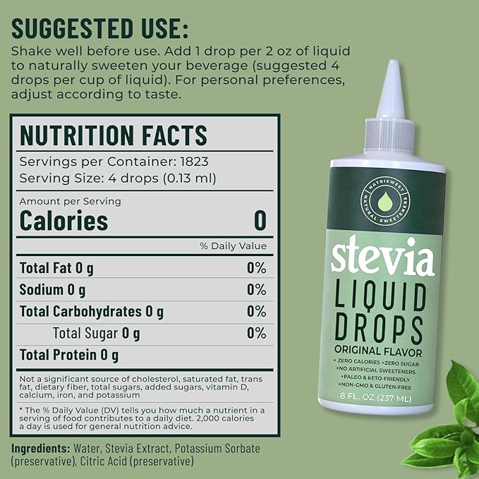 Stevia Liquid Drops, 8 Fl oz, 1823 Servings, Pure Concentrated Drops with Zero Calories & Zero Carbs, Delicious Sugar Substitute Great for Keto & Paleo Diets, by Natrisweet