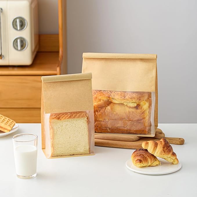 100 Pcs 8.6 Inch Brown Kraft Paper Bread Bags with Tin Tie, Large Homemade Bread Packing Bag, Thickened Storage Bagel Bag with Clear Window for Bakery