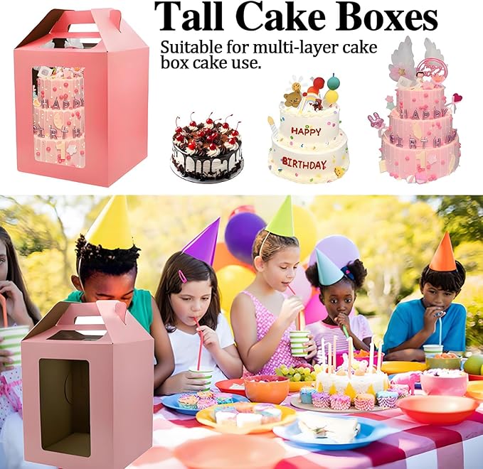 Cake Boxes - 2 Pack Tall Cake Box 12x12x14 Inch Disposable Layer Carrier with Window Large Tierd Cake Out Transport Containers with Handle for Wedding, Birthday, Party