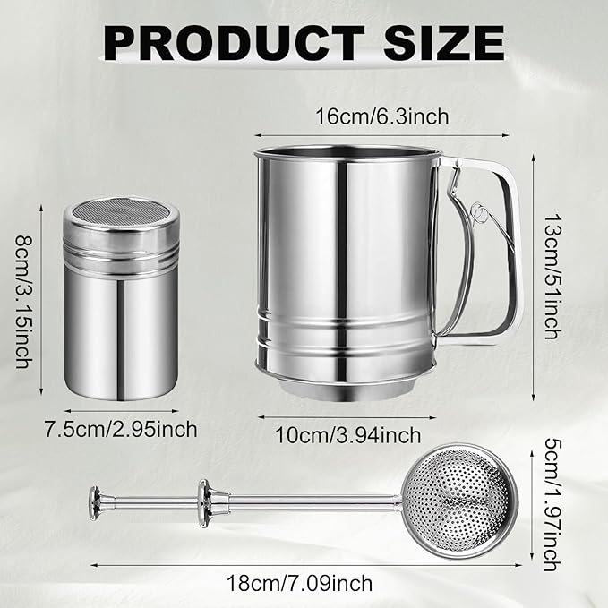Flour Sifter, Stainless Steel 3 Cup Flour Sifters for Baking, 3 in1 Sifter for Baking with Powdered Sugar Shaker Duster and Flour for Baking Cakes, Pies, Pastries, Desserts and Cupcakes