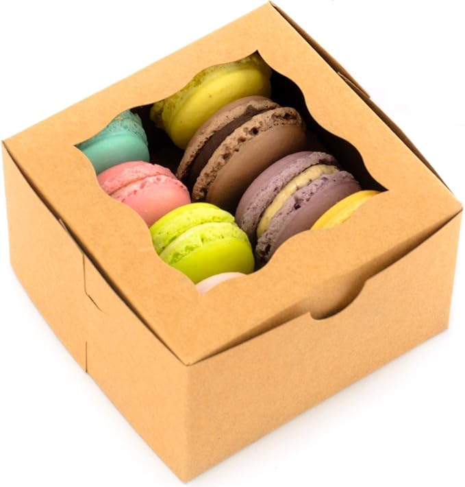 BAKELUV 100pcs Brown Small Cookie Boxes with Window, 4x4x2.5 Inches Bakery Boxes, Mini Cake, Treats, Macaron Packaging, Individual Cupcake, Gift Giving