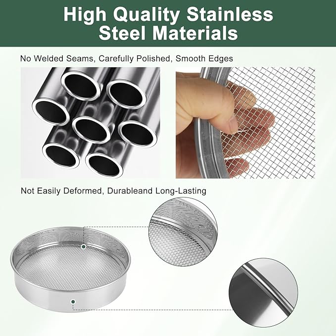 Soil Sifter for Gardening Stainless Steel Soil Sifting Pan Round Sifter for Rocks with 3,6,9mm Sieve Mesh Garden Shovel and Gloves Set Garden Sieve Soils Sifter for Small Gravel, Soil, Sand