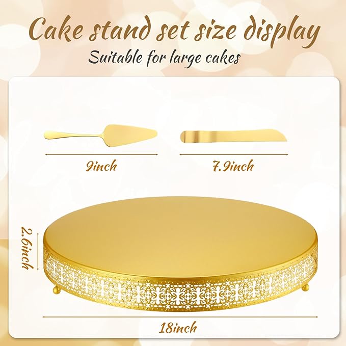 Wenqik Gold Cake Stand, 18 Inch Large Metal Round Cupcake Dessert Stand with Cake Knife and Server Wedding Cupcake Display Holder Cookies Serving Tray for Wedding Birthday Baby Shower Party