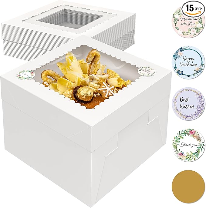15 Pcs 10x10x8 Inch Tall Cake Boxes with Window, White Square Cheesecake Bakery Boxes, Large Cardboard Cake Baking Boxes with 90 Stickers for Cakes, Pies, Wedding, Birthday Party