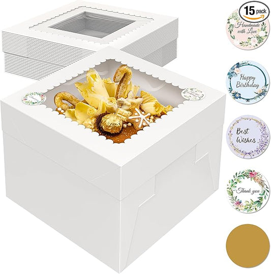 15 Pcs 10x10x8 Inch Tall Cake Boxes with Window, White Square Cheesecake Bakery Boxes, Large Cardboard Cake Baking Boxes with 90 Stickers for Cakes, Pies, Wedding, Birthday Party