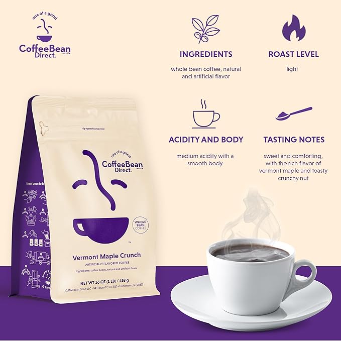 Coffee Bean Direct Vermont Maple Crunch Flavored, Whole Bean Coffee, 1 Pound Bag (Pack of 1)