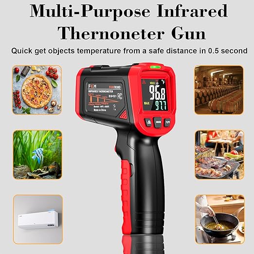 FKM Infrared Thermometer Gun,Non Contact Laser Thermometer Gun for Industrial,HVAC,Engine,Kitchen Cooking,Digital IR Temperature Gun -58°F~1112°F(-50°C~600°C) Adjustable Emissivity,Not for Human