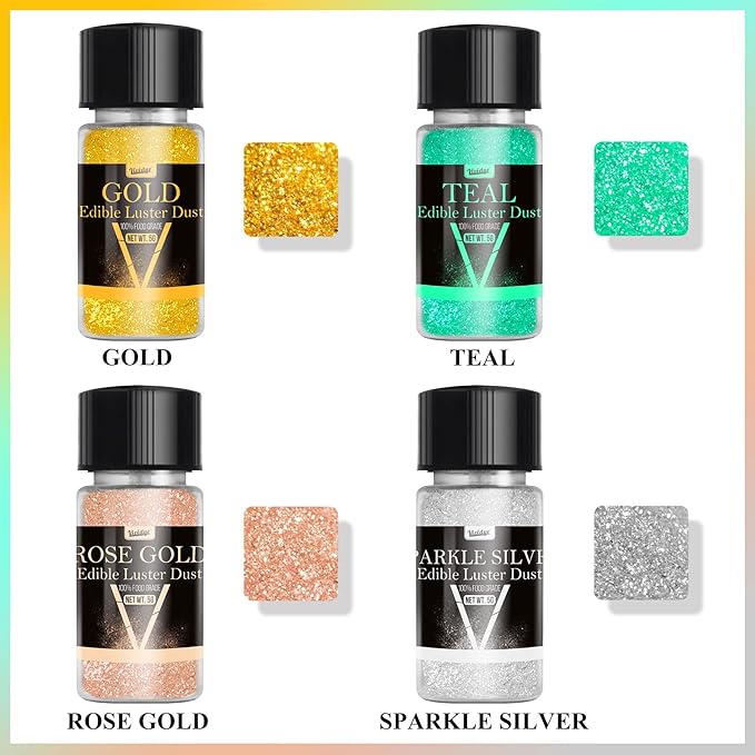 Edible Glitter - 4 Colors 5g/Bottle Luster Dust Edible Set, Food Grade Edible Glitter for Drinks, Cocktails, Cupcakes, Cookies, Candy, Glimmer Sprinkle Powder for Halloween Foods, Baking, Beverage