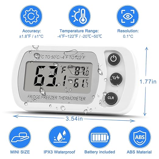Lasubst Digital Refrigerator Thermometer 2 Pack for Fridge Freezer Cooler Waterproof, White