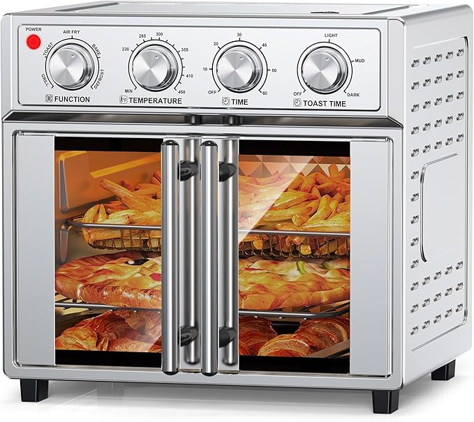 PlumChef 27.5 Quart Extra Large 6 Slices Air Fryer Convection Toaster Oven, French Door, 1700W, Multifunction Oven for Air Fryer, Toast, Grill, Defrost, Bake, Time and Temperature Controls, Silver