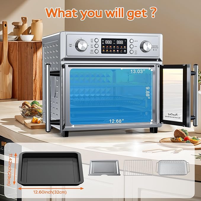 27.5QT French Door Air Fryer Toaster Oven Combo, Countertop Oven with 14 Presets & Digital Control, Stainless Steel Large Toaster Oven for Baking, Roasting, Includes Accessories,Silver