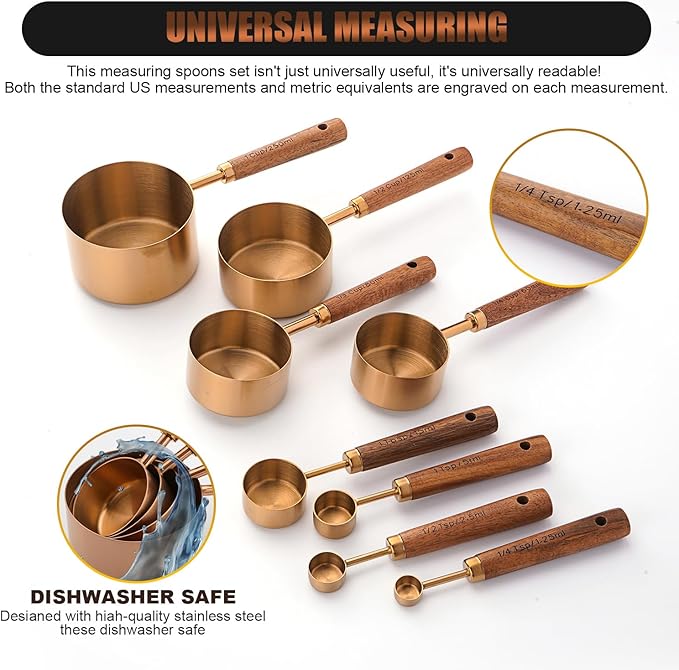 Gold Measuring Cups and Spoons Set, 8 Piece Premium Stainless Steel Measuring Cups with Wood Handles for Baking Supplies in the Kitchen (Bronze)