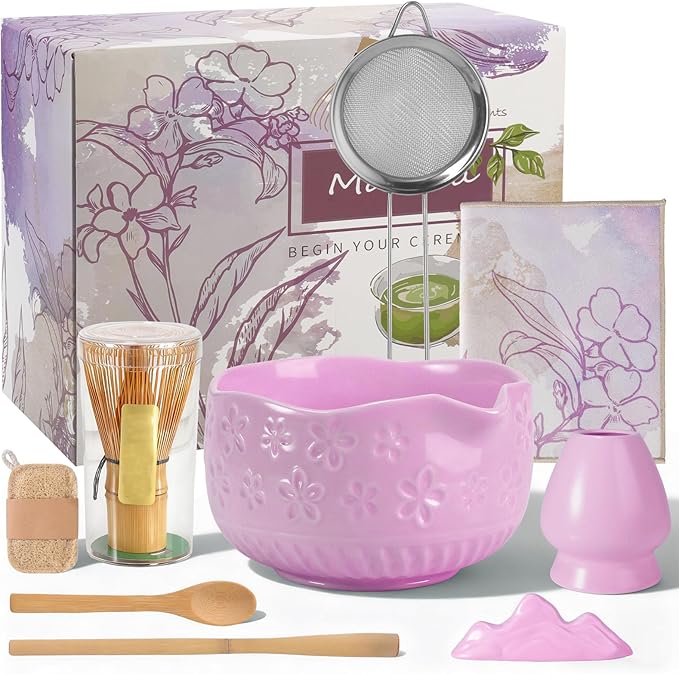 Matcha Set, 9 Pcs Ceramic Matcha Set Includes Bowl, Whisk and Holder, Bamboo Scoop, Scoop Rest, Sifter and Tea Towel ect- Complete Kit for Traditional Matcha, Modern Lattes (Purple)