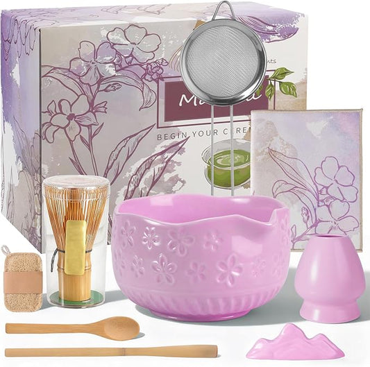 Matcha Set, 9 Pcs Ceramic Matcha Set Includes Bowl, Whisk and Holder, Bamboo Scoop, Scoop Rest, Sifter and Tea Towel ect- Complete Kit for Traditional Matcha, Modern Lattes (Purple)