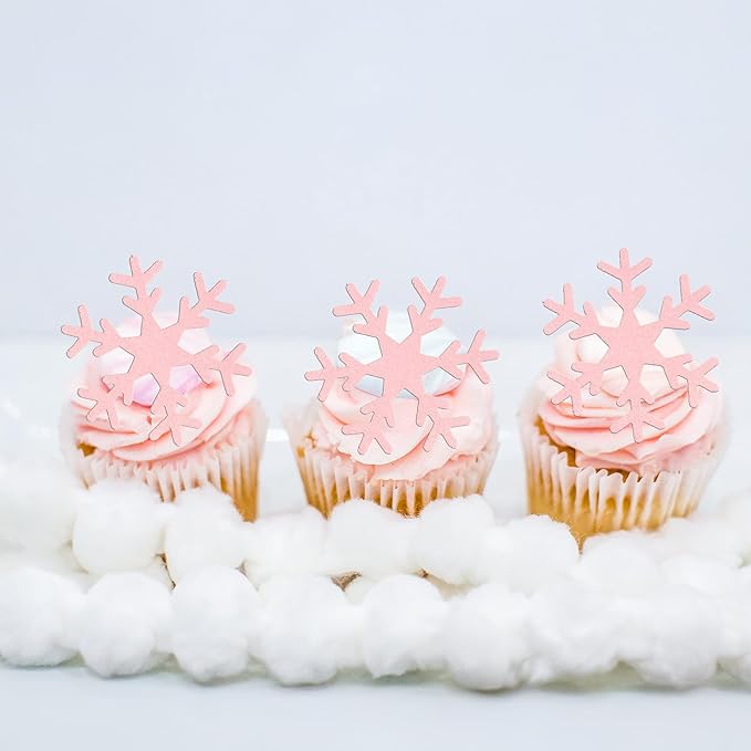 Gyufise 60Pcs Edible Snowflake Cupcake Toppers Winter Cupcake Picks Water Paper Winter Frozen Cake Decorations for Snowflake Theme Baby Shower Kids Birthday Party Supplies Pink