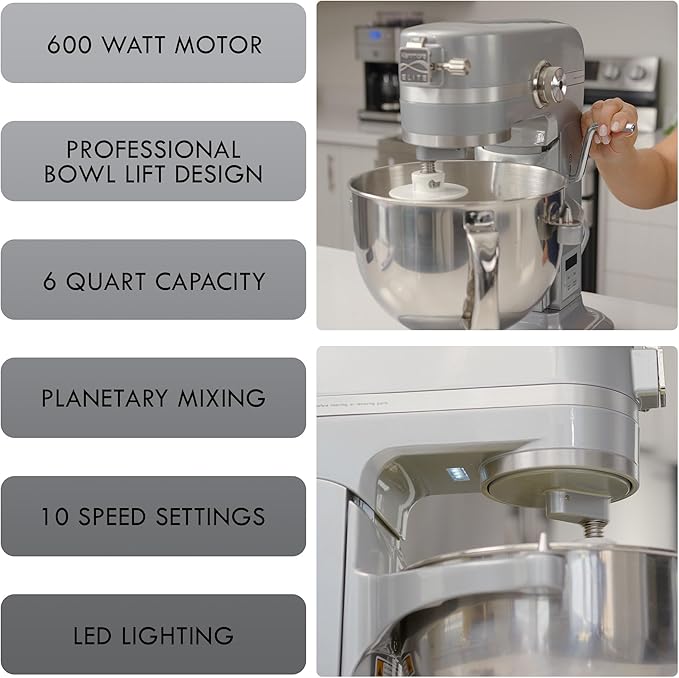 Kenmore Elite 600W Bowl Lift Stand Mixer - Digital 10 Speed Mixing, Electric, Countertop, Heavy Duty, Kitchen Appliance, 5 & 6 Qt Stainless Steel Bowls With Flat Beater, Whisk, Dough Hook Attachments