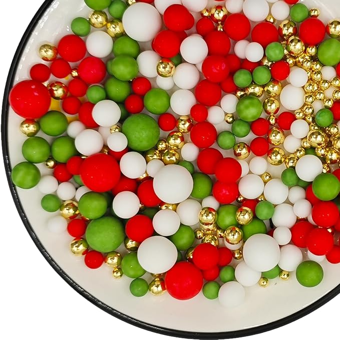 Mixed Edible Pearl Sugar Sprinkles, 4.6 oz Candy Pearls Ideal for Baking, Cake and Cupcake Toppers, Cookie Decoration, Ice Cream Topping (Red&Green&White&Gold)