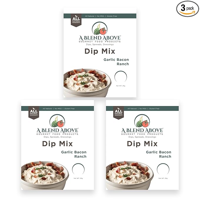 A Blend Above Garlic Bacon Ranch Dip Mix, 3 Packs, 1 oz. Each, Makes 16 Ounces, Gluten-Free, No MSG, All Natural, No Preservatives, Vegan Friendly, Keto Friendly, Vegetable Dip, Chip Dip, Low Carb, Easy to Make