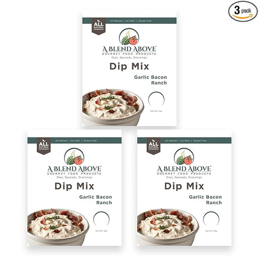 A Blend Above Garlic Bacon Ranch Dip Mix, 3 Packs, 1 oz. Each, Makes 16 Ounces, Gluten-Free, No MSG, All Natural, No Preservatives, Vegan Friendly, Keto Friendly, Vegetable Dip, Chip Dip, Low Carb, Easy to Make