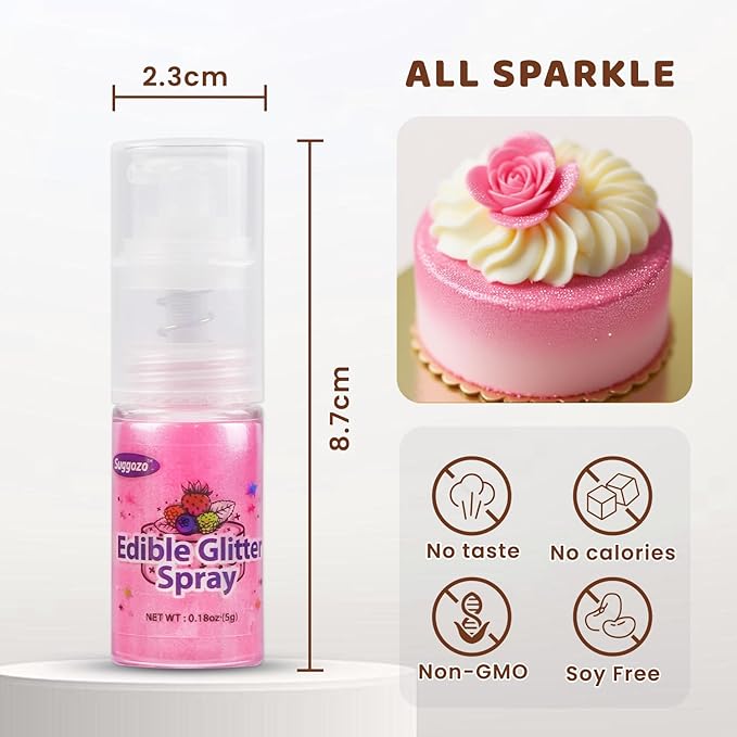 Pink Edible Glitter Spray, Edible Glitter for Cocktails, Food Grade 5g, Shimmer Luster Dust for Drinks, Cake Decorating, Cupcake, Baking, Cookies, Kosher